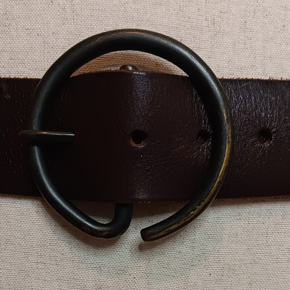 Dark Brown Leather Belt with Brass Round Buckle - Picture 2 of 6
